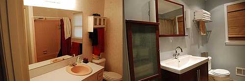 Before and After photographs of a bathroom remodel, showing that you can give your bathroom a new look without going all out on the budget.