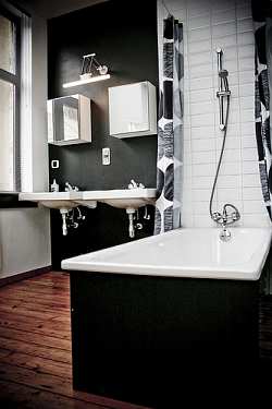 Natural window light gives the modern style bathroom a clean, crisp look with monchromatic color scheme and natural wood flooring.
