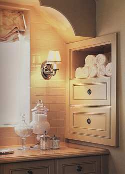 A nook for storage shelving, cabinets or a medicine cabinet placed between wall studs can greatly increase storage in your bathroom design.