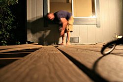 Leave a uniform gap between composite deck boards to keep debris from collecting and to correct any curvature of the boards when installing.