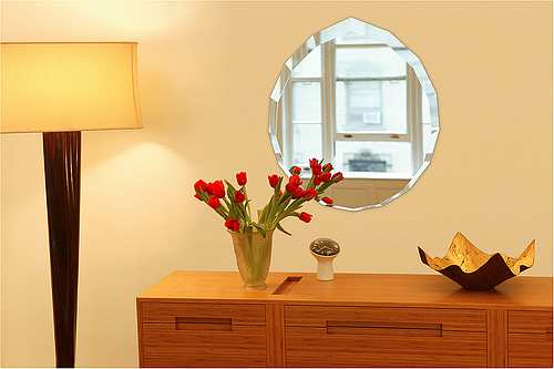The trick is to find unqiue items that dont cost a whole lot. The Diamond Mirror pictured here is available online at Piet Houtenbos.