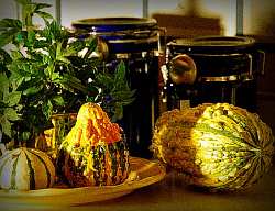 Gourds, mini pumpkins, pottery and woven baskets make a great fall vignette.