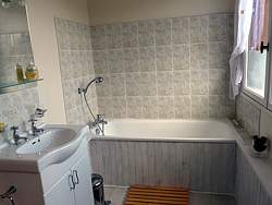 A bathtub with handheld shower head is perfect in the family bath. Wainscoting adds style and contrast with the texture of the tile surround.