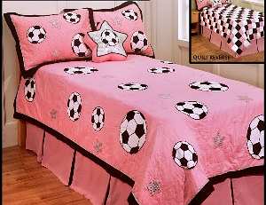 You can find tons of sports-themed bedding sets for her bedroom. This set is available online at babyruffles.com
