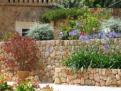Stone walls and planting beds give the Mediterranean garden a natural look, accented by flowers and plantings.