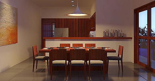 Reduce your living space to its bare essentials. Note a single, striking piece of art on the wall, dining set and modern lamp are all that adorn this eating area! Photo by Takeshiyo.