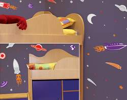 You can use wall stick ons to give your outerspace bedroom accents like quarter moons, spaceships and planets.