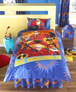 The Incredibles and other super hero bedding sets are easy to find at Target, Wal-mart and other stores.