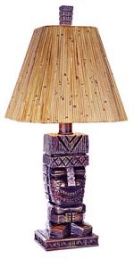 A small tiki lamp on the bedside talble will add light and style to your tropical beach bedroom.